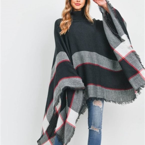 CHIC Plaid Print Knit Turtleneck Poncho Top - Picture 3 of 7